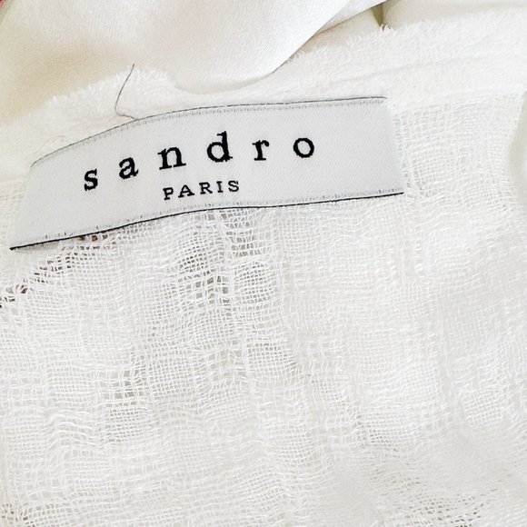 Sandro Paris Linen Cotton Blend White Top Blouse V-Neck Tie Sheer 4 Cottagecore - Picture 3 of 10